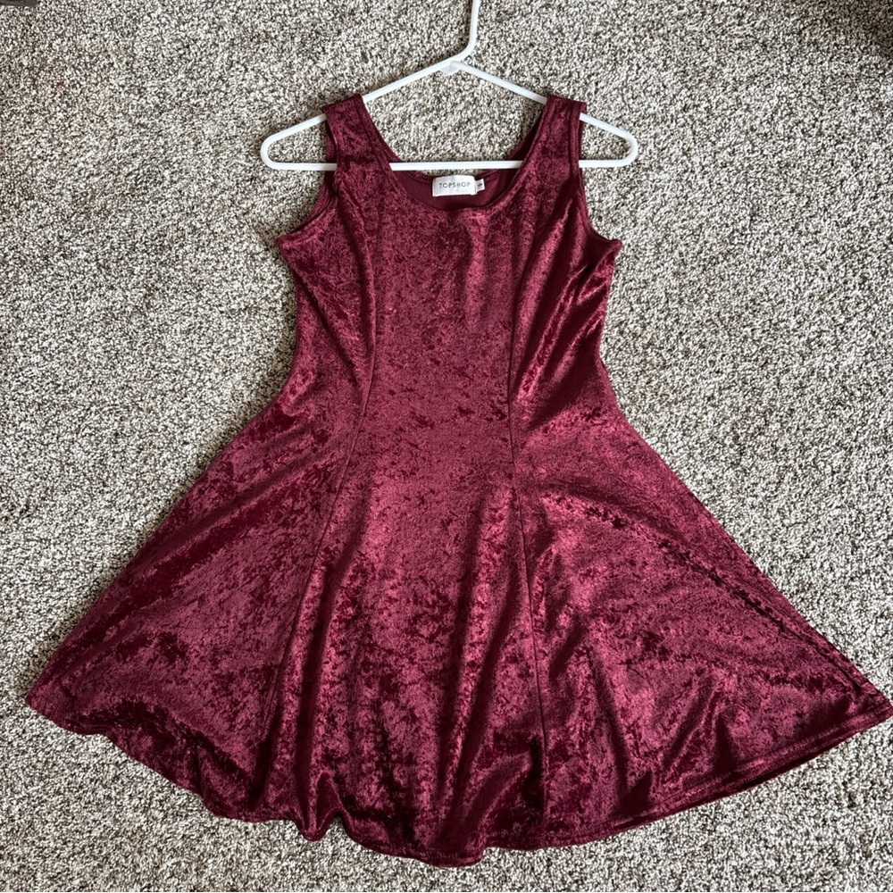 Topshop Crushed Velvet Skater Dress S/M Burgundy 90s Y2K Party Fit & Flare